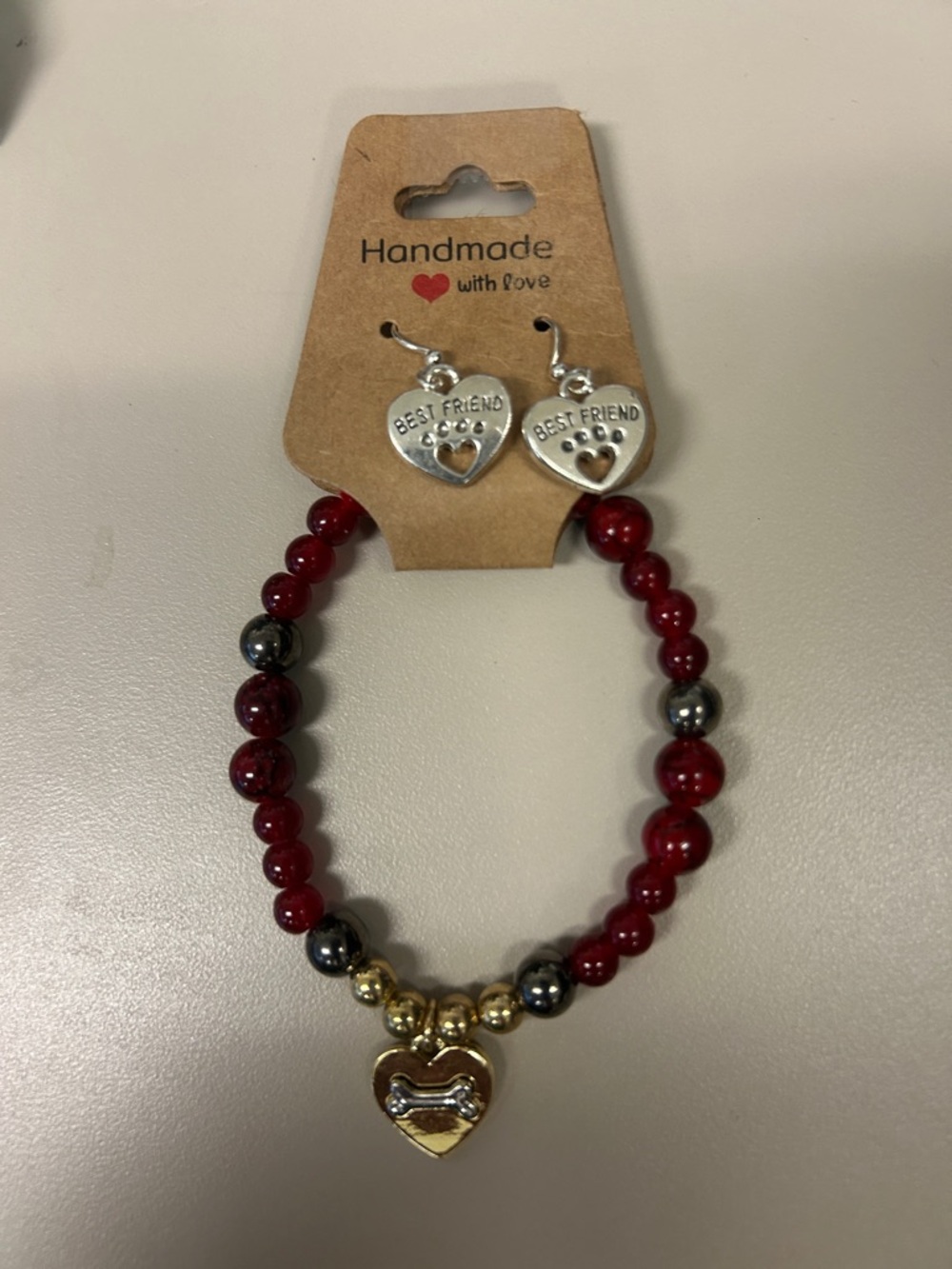 Handmade Best Friend Red Beaded Bracelet & Earring Set